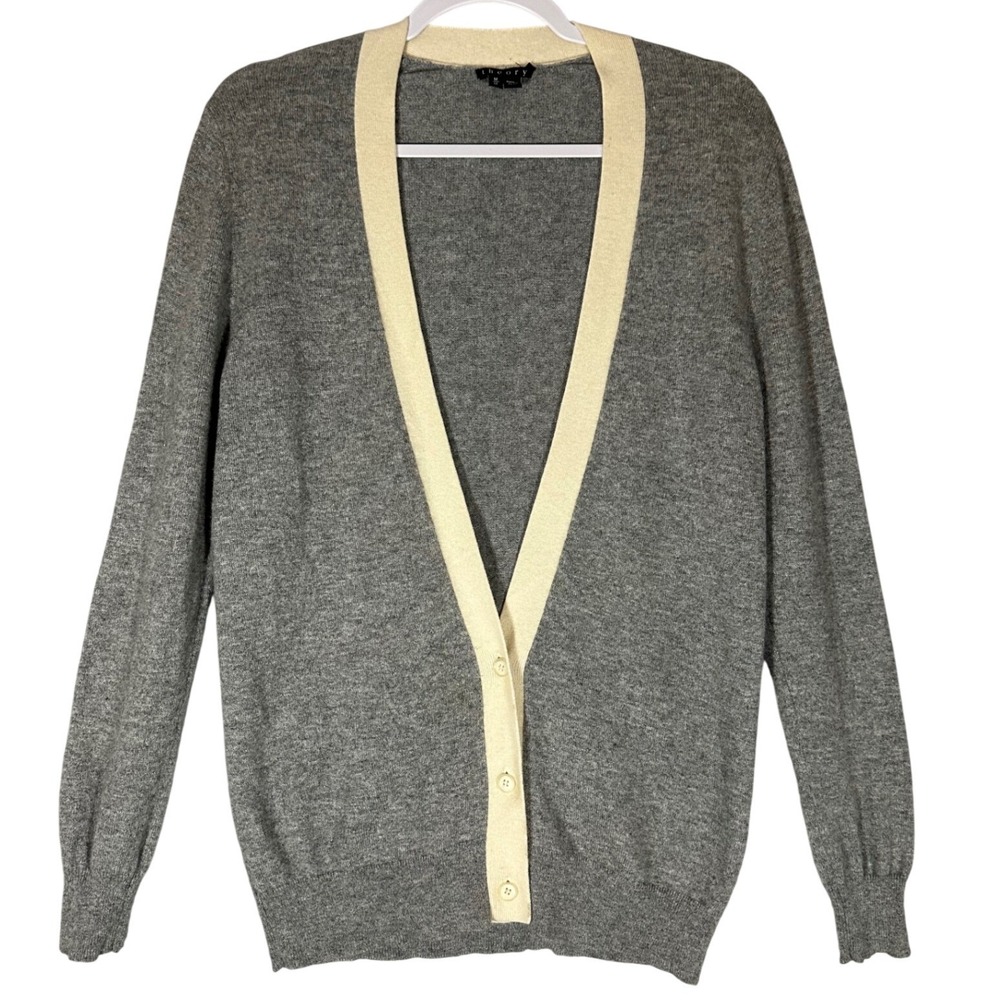 Theory Yeryina Plunge Cardigan 100% Cashmere Sz M Grey Cream Luxury Capsule Soft